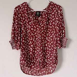 Bobeau Red Leopard Print Blouse with Smocked Sleeves